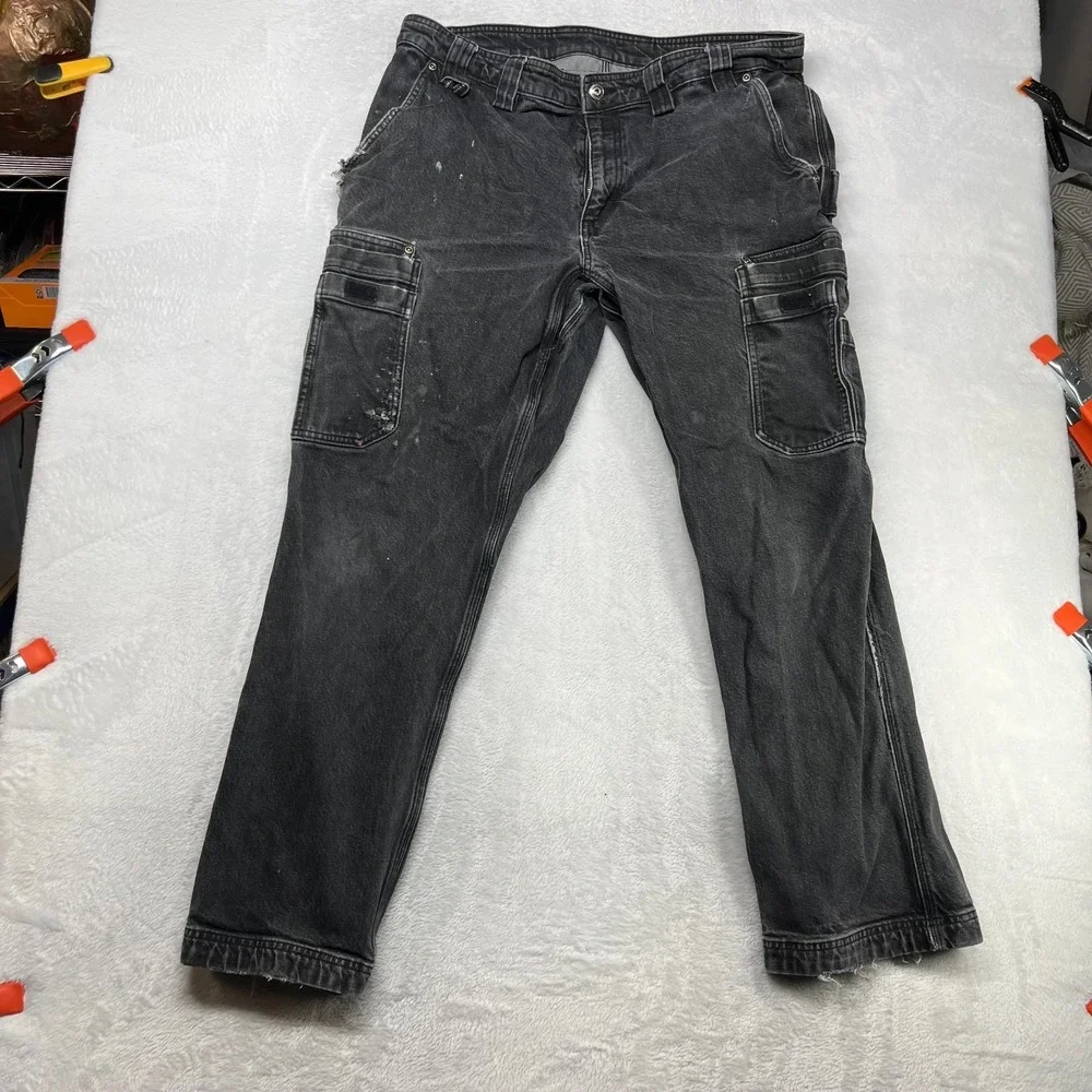 VTG Duluth Trading Co. Work Pants Mens Black Denim Stretch Cargo Pockets - 38X32